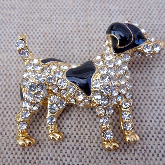 Black & White Enamel Gold Tone Clear Rhinestone Jewel Preppy Dog Brooch Pin - Picture 7 of 8